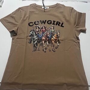 Cowgirl Graphic Tee Tan Rhinestone Horse Western Shirt Women S/M